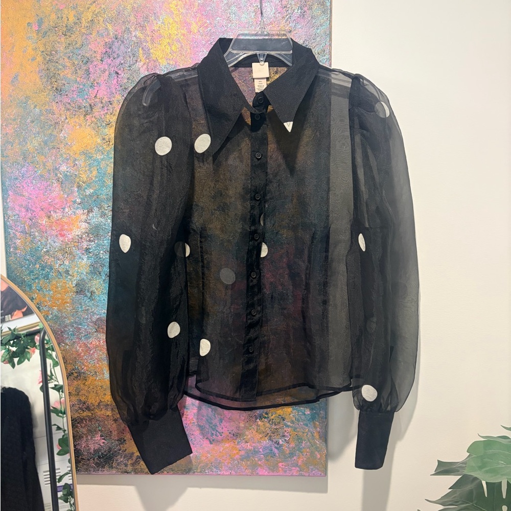 H&M Trend Vintage Black Button-Up Polka-Dot Sheer Blouse size Large